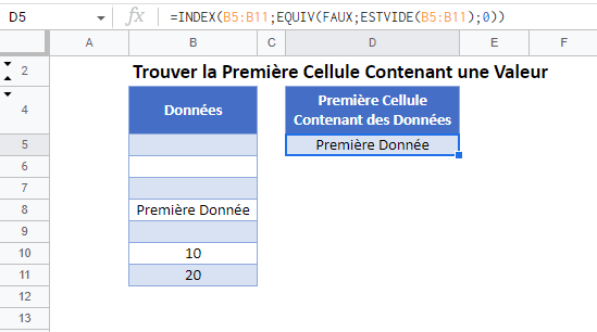 trouver premiere cellule contenant valeurs google sheets