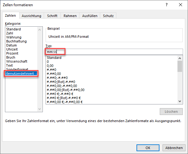 zeitformat menueleiste start zahl zellen formatieren benutzerdefiniert