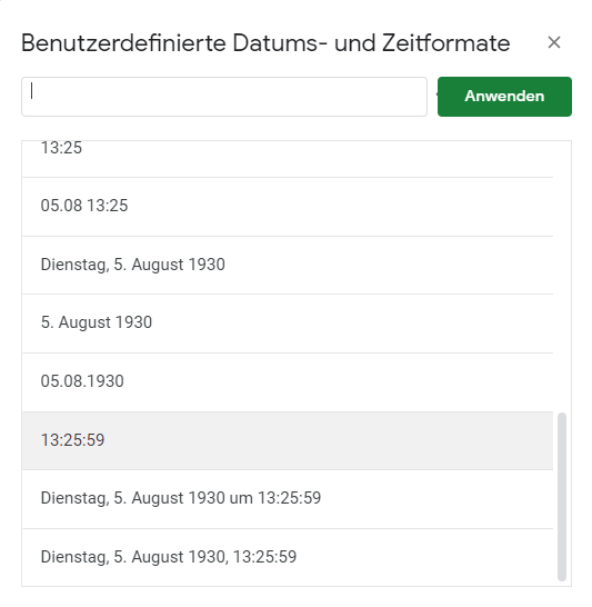 zeitformat minuten sekunden benutzerdefinierte formatierung auswahlliste GS