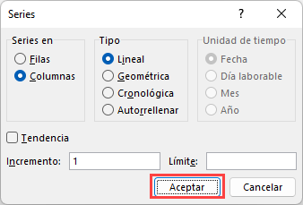 Autocompletar Números Comando de Relleno Cuadro de Diálogo