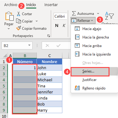 Autocompletar Números Comando de Relleno