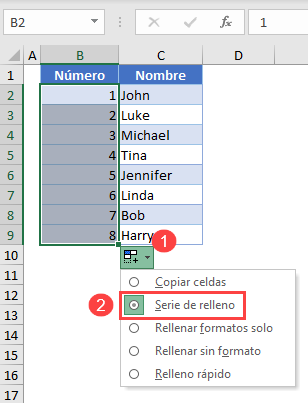 Autocompletar Números Seleccionando Serie de Relleno