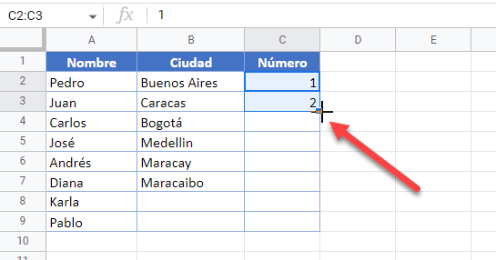 Autorelleno de Números en Google Sheets