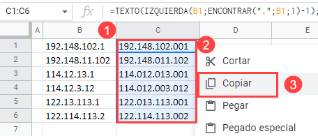 Copiar Fórmula de Direcciones IP en Google Sheets