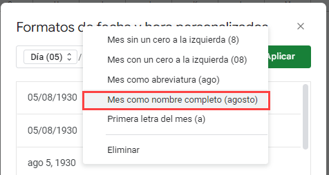 Cuadro Diálogo Formatos de fecha y hora personalizados Elegir Formato