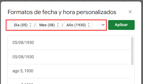 Cuadro Diálogo Formatos de fecha y hora personalizados