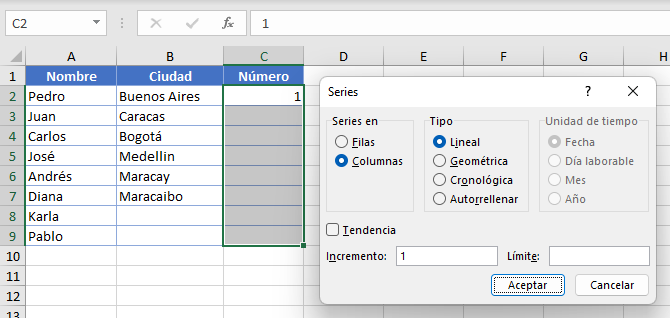 Cuadro de Diálogo Relleno Automático Comando de Relleno en Excel