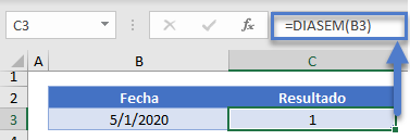 DIASEM Sin Tipo de Retorno en Excel