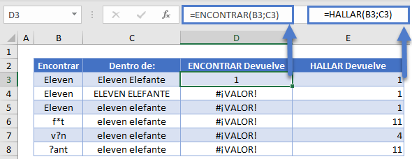 ENCONTRAR vs HALLAR en Excel