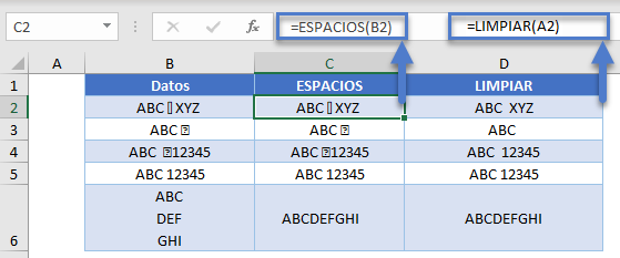 ESPACIOS vs LIMPIAR en Excel
