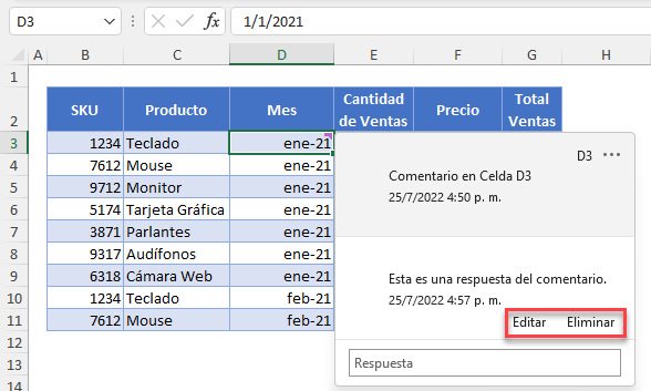 Editar o Eliminar un Comentario en Excel