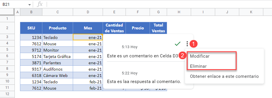 Editar o Eliminar un Comentario en Google Sheets