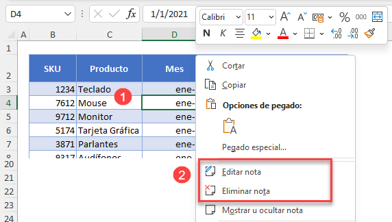 Editar o Eliminar una Nota en Excel