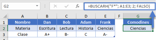 Ejemplo de BUSCARH con Comodines en Excel