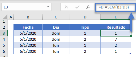 Ejemplos DIASEM en Excel