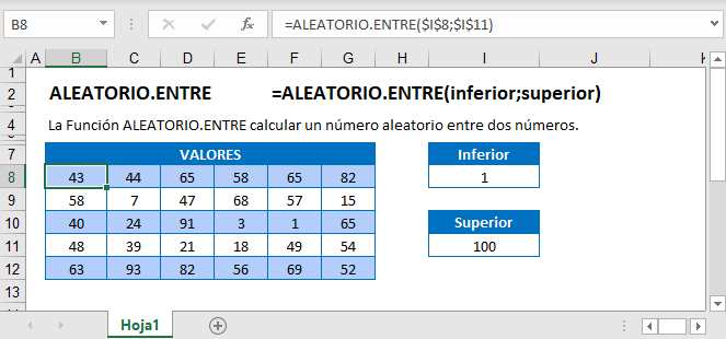 Ejemplos de la Función ALEATORIO.ENTRE en Excel