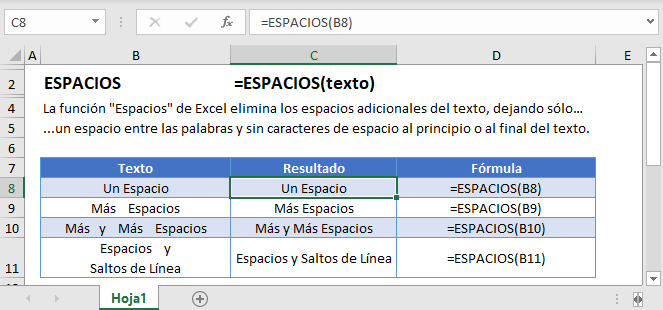 Ejemplos de la Función ESPACIOS en Excel