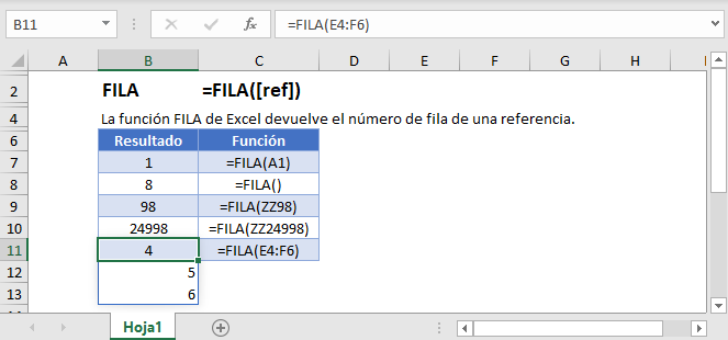Ejemplos de la Función FILA en Excel