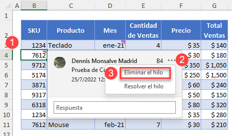 Eliminar Comentario en una Celda desde los Tres Puntos en Excel