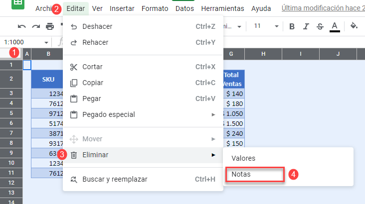 Eliminar Todas las Notas en Google Sheets