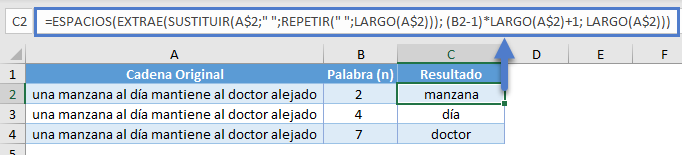 Encontrar la Enésima Palabra en la Cadena en Excel