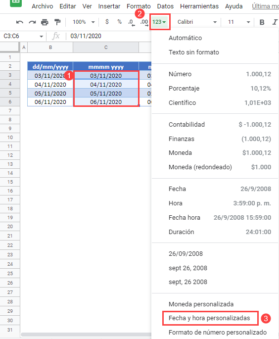 Formato Personalizado de Fechas en Google Sheets Paso1