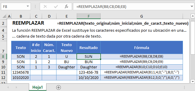 Fórmula REEMPLAZAR en Excel