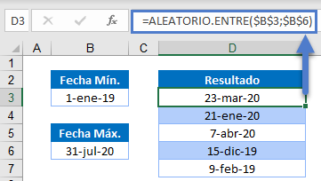 Función ALEATORIO.ENTRE Fechas en Excel