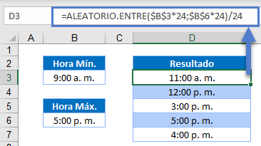 Función ALEATORIO.ENTRE Horas en Excel