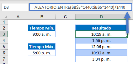 Función ALEATORIO.ENTRE Minutos en Excel