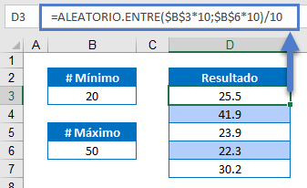 Función ALEATORIO.ENTRE en Excel con Decimales