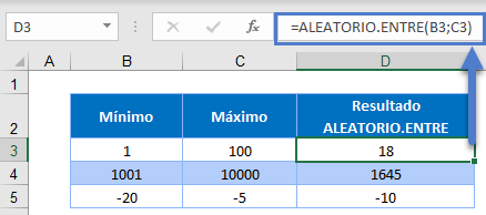 Función ALEATORIO.ENTRE en Excel