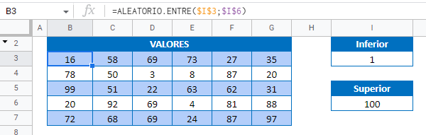 Función ALEATORIO.ENTRE en Google Sheets