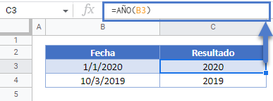 Función AÑO en Google Sheets