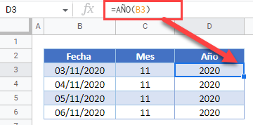 Función Año en Google Sheets