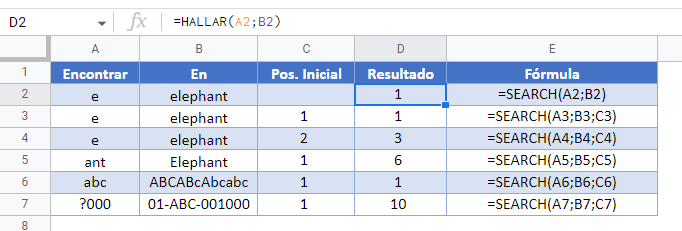 Función HALLAR en Google Sheets