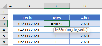 Función Mes en Excel