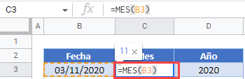 Función Mes en Google Sheets