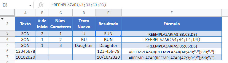 Función REEMPLAZAR en Google Sheets