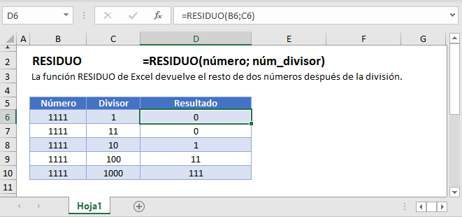 Función Residuo en Excel