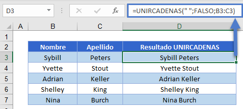 Función UNIRCADENAS Ejemplo en Excel