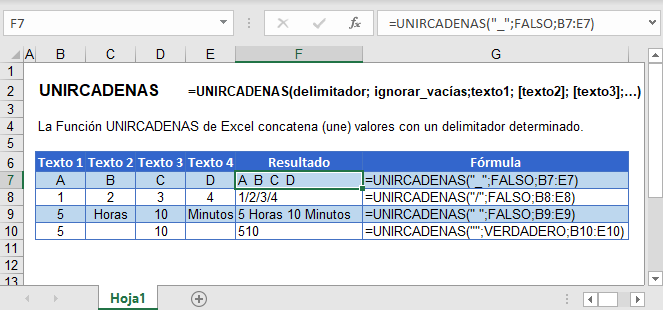 Función UNIRCADENAS en Excel