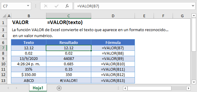 Función VALOR en Excel