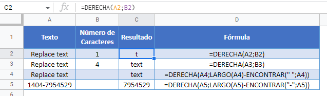 Funciones DERECHA en Google Sheets