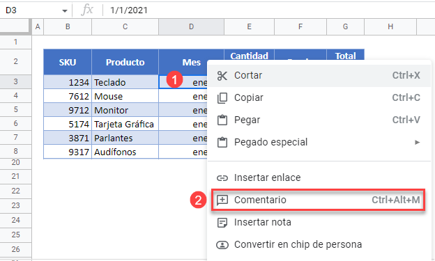 Insertar un Comentario en Google Sheets