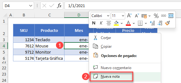 Insertar una Nota en Excel