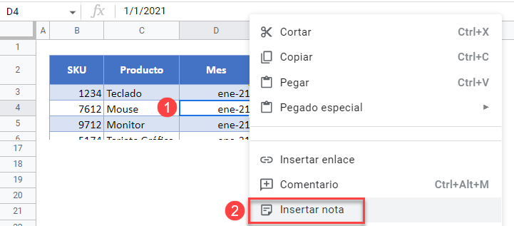 Insertar una Nota en Google Sheets