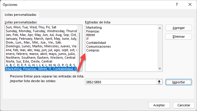 Lista de Departamentos Importada desde Rango en Excel