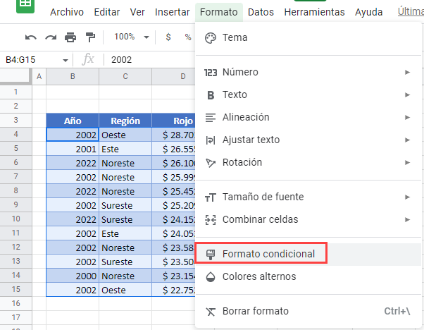 Menú Formato Condicional en Google Sheets