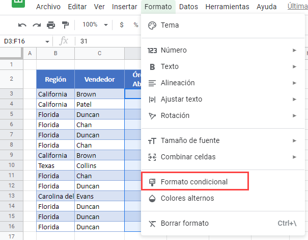 Menú Formato Condicional en Google Sheets